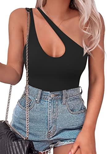 SAUNGKUAI Women's Sexy One Shoulder Sleeveless Cutout Thong Bodysuit Tank Top Body Suits V Backless Tummy Control Shapewear L, Black