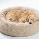 36 inches Calming Donut Dog Bed - 3X Durable Plush Faux Fur, Machine Washable & Non-Slip, Fits up to 100 lbs, Beige