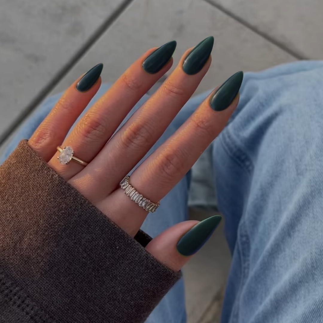 Dark Green Press on Nails Medium Stiletto Almond,KQueenest Pure Color Acrylic Nails Kit Reusable Fake Nails Christmas with Feature Protective UV Coating for Women Nail Art Manicure in 24PCS