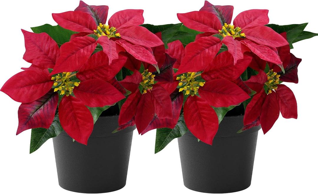 Mini Poinsettias Artificial Plants 2 Pack 9" Faux Small Christmas Flowers in Pot for Home Office Tabletop Indoor Christmas Decorations Hot Red