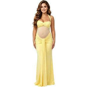 Women's Maternity Mermaid Dress, Sheer Cutout Spaghetti Strap Ruched Bodycon Gown for Baby Shower Wedding Photography (Yellow)