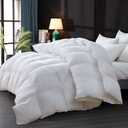 Luxurious All-Season Goose Down Feather Fiber Comforter Queen Size Duvet Insert, Premium White Solid Plain Design, Premium Baffle Box, 100% Egyptian Cotton, 70 oz Fill Weight