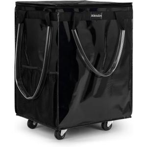 (Large, Black) Reusable Grocery Bag on 5 Wheels, Foldable Rolling Tote Carries Up to 76lb Shopping Trolley, Rolling Bag with 3 Handles, Zipper Clouser Rolling Tote Bag with Wheels for Laundry