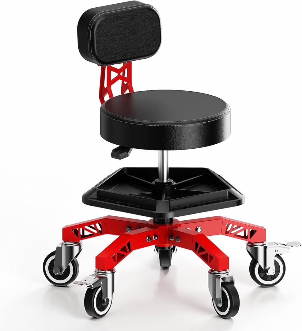 Rolling Shop Stool with Backrest, Garage Mechanic Stool for Workshop