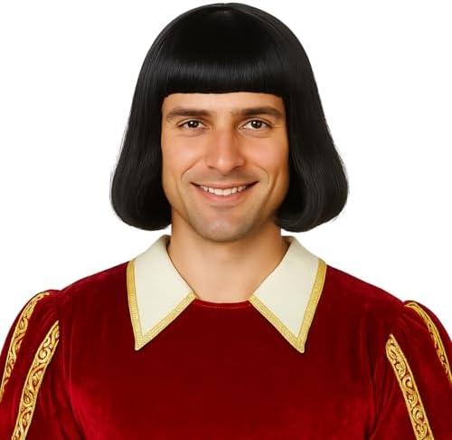 Unisex Black Bob Wig Flat Bangs, Straight Short Black Hair Wig with Wig Cap for Halloween Lord Costume Cosplay