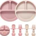 Eascrozn Silicone Feeding Set, 2 Pack Divided Toddler Plates with Suction, 2 Pack Utensils - Spoons & Forks, BPA Free, Baby Led Weaning Supplies (Pink)