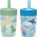 Zak Designs Capri Toddler Tumblers For Travel or At Home, 9oz 2-Pack Double Wall Plastic Sippy Cups With Leak-Proof Design is Perfect For Kids (Dino Buddies, Bubble Bay)