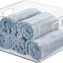 mDesign Large Modern Stackable Plastic Storage Organizer Bin Basket with Handles for Bathroom Vanity Organization - Shelf, Cubby, Cabinet, or Closet Organizing Decor - Ligne Collection - 4 Pack, Clear