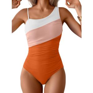 One Shoulder One Piece Swimsuit for Women Tummy Control Bathing Suits Color Block Ruched Swim Suit Slimming Swimwear, Size L