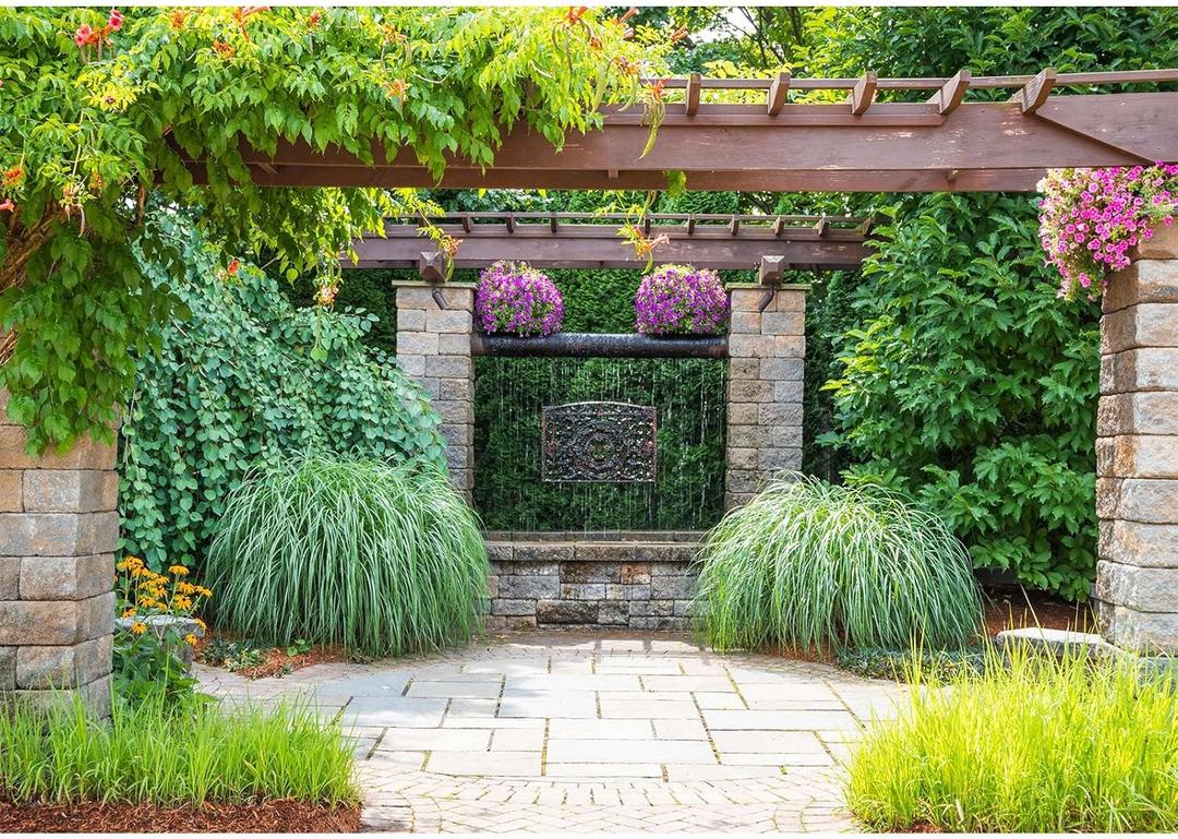 Spring Garden Backdrop Park Natural Scenic Flower Meadow Grassland Photography Background Green Plants Brick Pillar Garden Theme Backdrop for Girl Kid Adult Photo Booth Shoot Studio Props 7x5ft