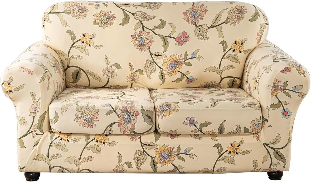 Lamberia Printed Sofa Cover for 2 Cushion Couch High Stretch Sofa Slipcovers 3 Piece Loveseat Slipcover with Two Separate Cushion Covers Elastic Bottom Floral Pattern (Blooming Flower, Loveseat)