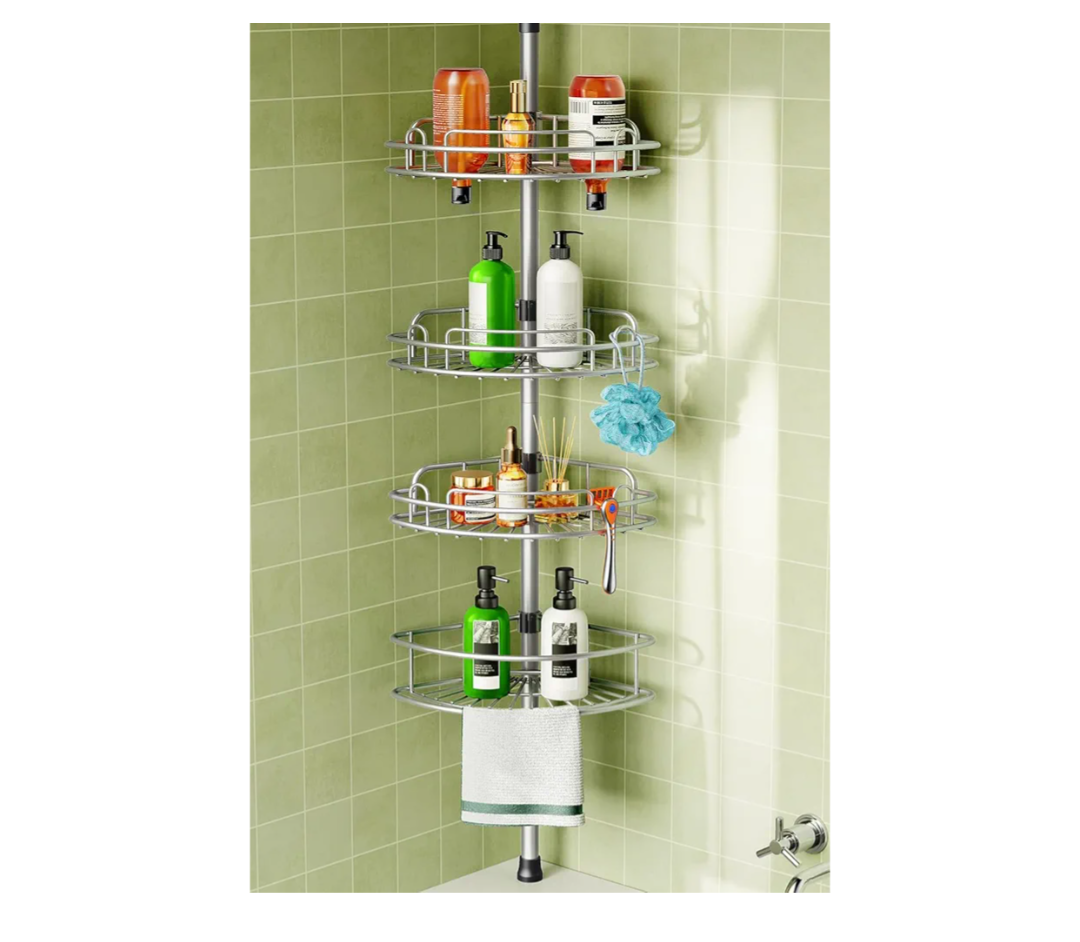 HAMITOR Corner Shower Caddy Tension Pole: 4-Tier Rust-Resistant Adjustable Bathroom Organizer Shelves - 47-121 Inch No-Drill Quick Installation - Space-Saving Storage for Renters Family - Silver Gray
