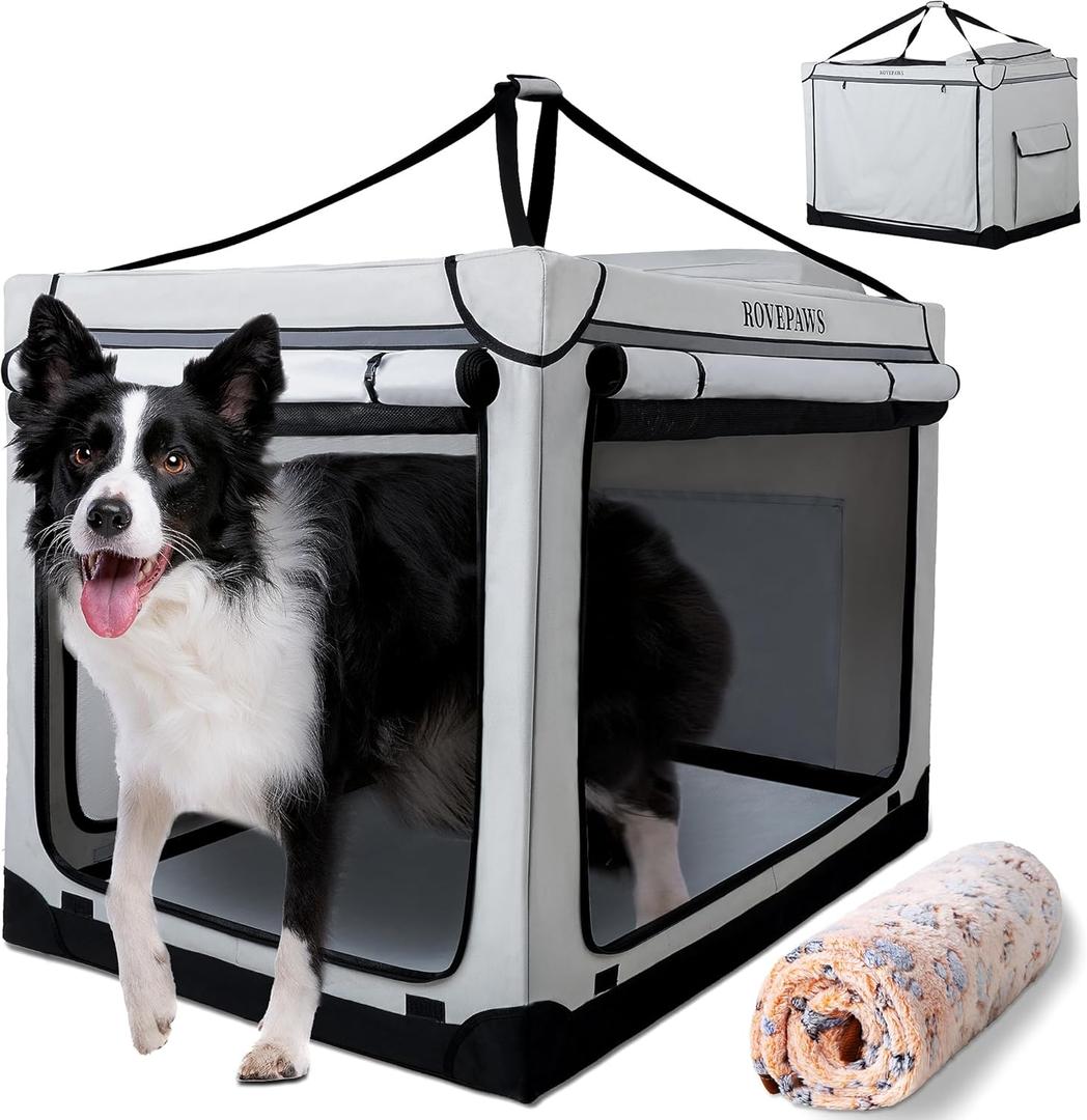 Soft Collapsible Dog Crate - 36 Inch Portable Travel Crate with Extra Space Indoor & Outdoor, 4-Door Foldable Pet Kennel with Durable Mesh Windows, Light Gray (36.0"L x 24.0"W x 28.0"H)