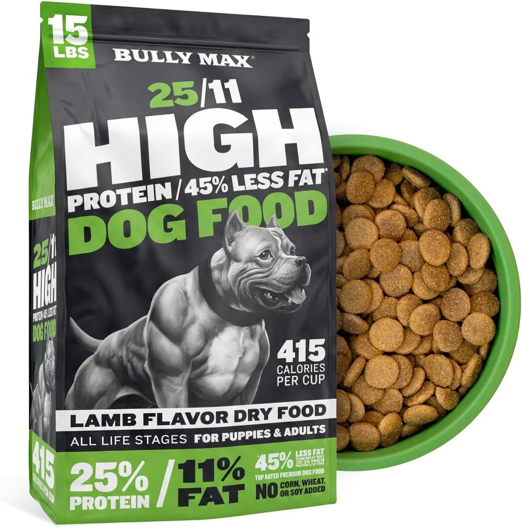 Bully Max 25/11 High Protein & Low Fat Dry Lamb Dog Food for Puppies and Adult Dogs - Chicken-Free Lamb Flavor - Natural Puppy Food for All Ages, Small and Large Breeds - Large Kibble Size, 15 lb. Bag (EXP 06/07/26)
