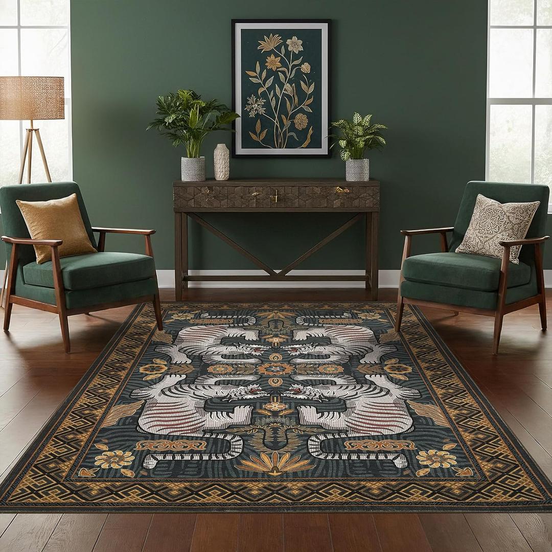 GarveeHome Tiger 5x7 Area Rugs, Boho Blue Washable Rugs for Living Room, Vintage Tribal Soft Animal Print Throw Rug Non Slip Ultra Thin Stain Resistant Floor Carpet for Office Bedroom