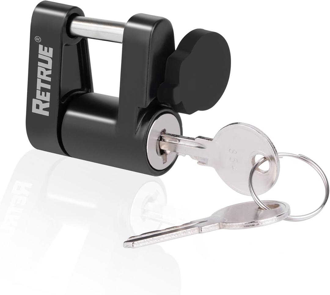 RETRUE Trailer Tongue Coupler Lock with Cap, Trailer Hitch Lock, Dia 1/4 Inch, 3/4 Inch Span for Tow Boat RV Truck Car's Coupler, Black and Silver
