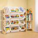 Kids Toy Storage Organizer with Bookshelf Wooden Shelf with 12 Bins & 3 Shelves, Quick Assembly Storage Rack for Playroom, Bedroom, Nursery White