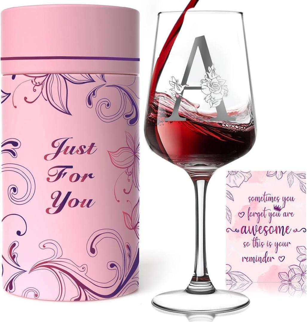 Mothers Day Gifts for Mom, Grandma, Wife - Personalized Monogram A-Z Wine Glass Gifts for Women - Unique Birthday Gift for Her, Sister, Best Friend - Elegant Custom Glass with Gift Box & Card (A)