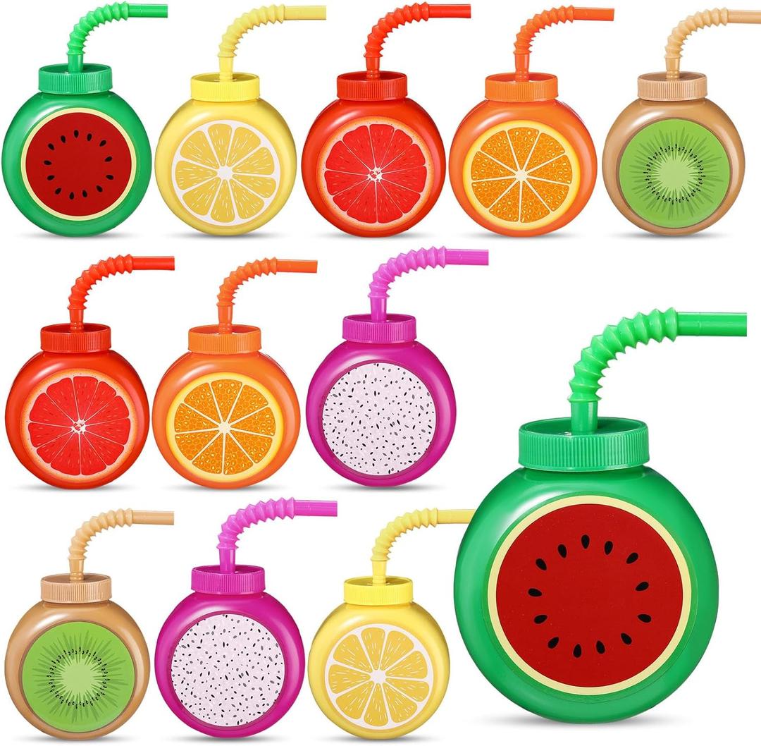 Mifoci 12 Set Summer Fruit Cups with Straws Lids 10oz Plastic Frutti Party Cups Tropical Kiwi Lemon Orange Grapefruit Watermelon Pitaya Pattern for Boys Girls Birthday Luau Party Favor Supplies
