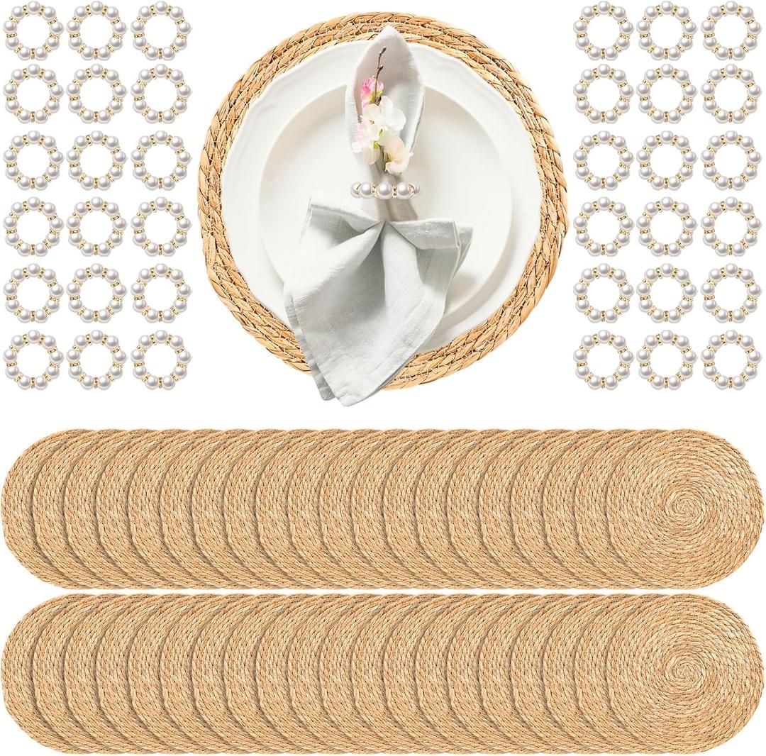 40 Pcs 12 Inch Round Woven Placemats with 20pcs Pearl Napkin RingsRattan Placemats Bulk Boho Woven Chargers Natural Water Hyacinth Place Mat for Wedding Party, Dinner Table