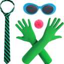 4PC Green Costume Accessories for Adult Stripe Tie Gloves Sunglasses and Pom Pom Ball Brooch Cosplay Party Dress up