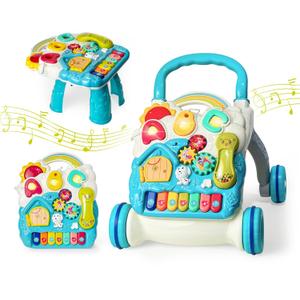 Sit to Stand Baby Walker, Activity Center with Music and Light, Activity Table for Toddlers, Push Toys for Babies Learning to Walk, Early Education Toys for Infant Boys Girls 6 Months Up (Blue)