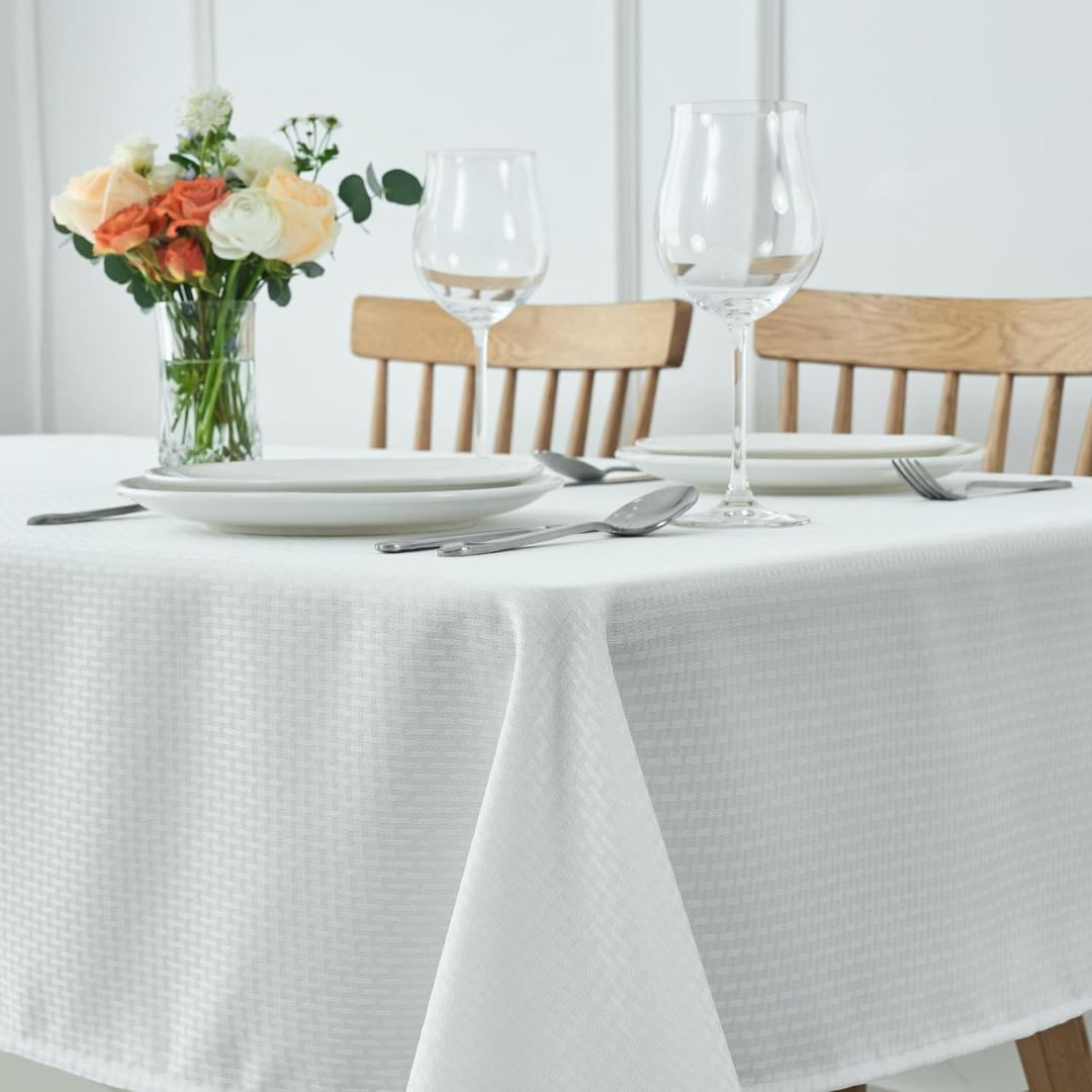 Maxmill Rectangle Tablecloth Weaved Pattern Waterproof Spillproof Wrinkle Free Table Cloth, Kitchen Dining Tabletop Decoration, Fabric Table Cover for Holiday Parties, 52 x 70 Inch, White