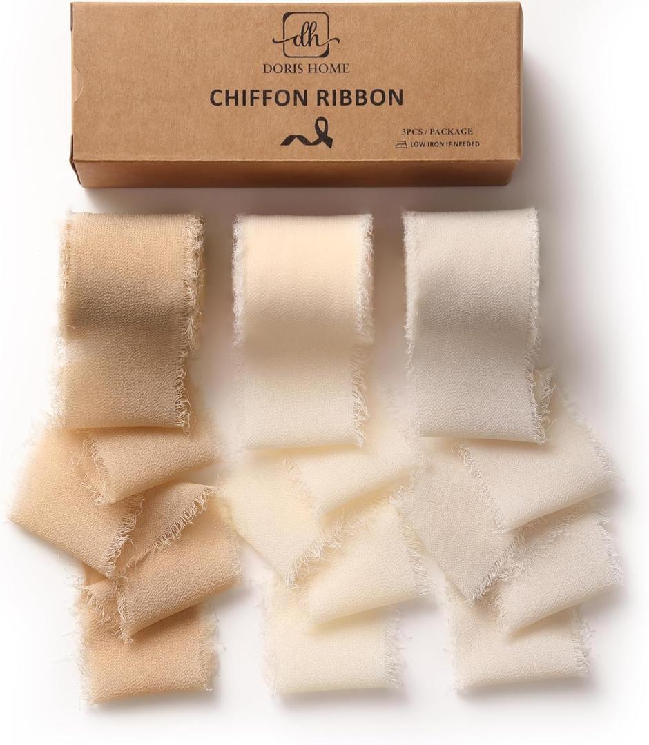 DORIS HOME Nude and Ivory Chiffon Ribbon for Flower Bouquet, 1.5" x21Yd Fabric Ribbon for Gift Wrapping, Handmade Frayed Ribbon for Wedding Christmas Decorations