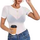 Women's Mesh Tops Short Sleeve Sheer Tee Shirts See Through Bodycon Clubwear Shirts (White, M)
