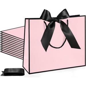 Silkfly 12 Pcs Thank You Gift Bags with Handle 12x10x4'' Welcome Return Gifts Bag with Bow Ribbon for Wedding Bridesmaid Baby Shower Birthday Housewarming Women History Month (Pink,Black)