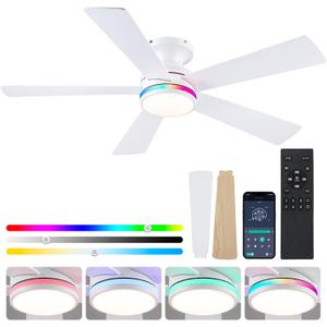 BYKISTOK 46" Flush Mount RGB Ceiling Fans with Lights - White Low Profile Ceiling Fan Light with Remote/APP, RGB+3CCT 6 Wind Speeds and Reversible, Modern Fan Light Fixture for Party, Kiad's Room