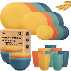 Wheat Straw Dinnerware Sets 40 PCS| Plates and Bowls Sets for 8, Unbreakable Dinner Plate, Dessert Plates, Cereal Bowl, Drinking Cups, Microwave Safe Dishes Set for Kitchen, Outdoor - Multi