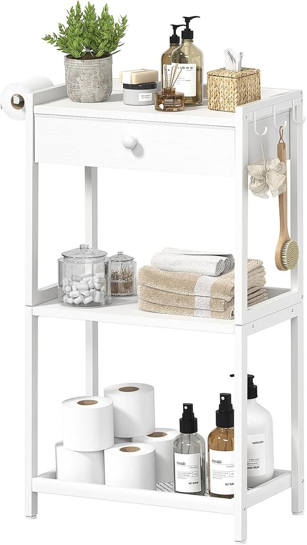 Small Bathroom Ladder Shelf - Floor Standing Shelves with Fabric Drawer 3 Tier Freestanding Stand Shelf Farmhouse, White