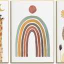 Wodkwq Nursery Wall Art Safari Animal Canvas Prints Girl Boy Baby Room Decor Poster Toddler Room Decoration Boho Rainbow Painting Jungle Pictures Set of 3 for Kids Bedroom Bathroom 12x16in Unframed