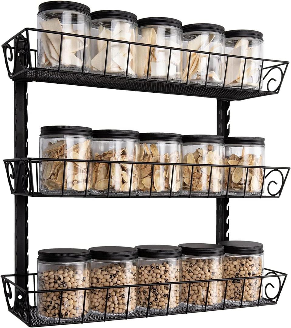 SWOMMOLY Adjustable Wall Mount Spice Rack, 3-Tier Dual-use (Multi-use) Organizer, Black