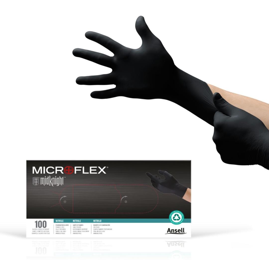 Ansell Microflex MidKnight MK-296 Disposable Nitrile Gloves for Mechanics, Auto, Cleaning, Tattoos w/Full Texture - Small, Black (Box of 100) (Small (Pack of 100))