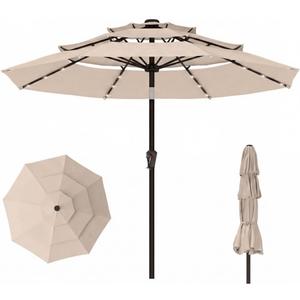 10ft 3-Tier Patio Umbrella with 32 Solar Powered LED Lights, Windproof Outdoor Market Umbrella for Deck, Poolside & Garden, Sturdy Push-Button Tilt Table Umbrella, Beige