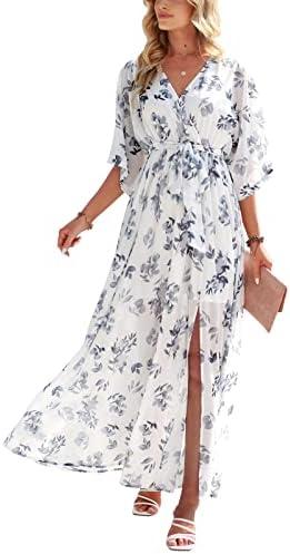 ANRABESS Women’s Summer Loose Boho Flowy Wrap V Neck 3/4 Sleeve Floral Print Slit Beach Wedding Guest Long Maxi Dresses XL