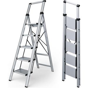Taranta 5 Step Ladder, Portable Folding Ladder with Wide Pedal, Lightweight Aluminum Step Stool with Convenient Handgrip, 330 lbs Capacity Stepladder for Home, Office - Silver