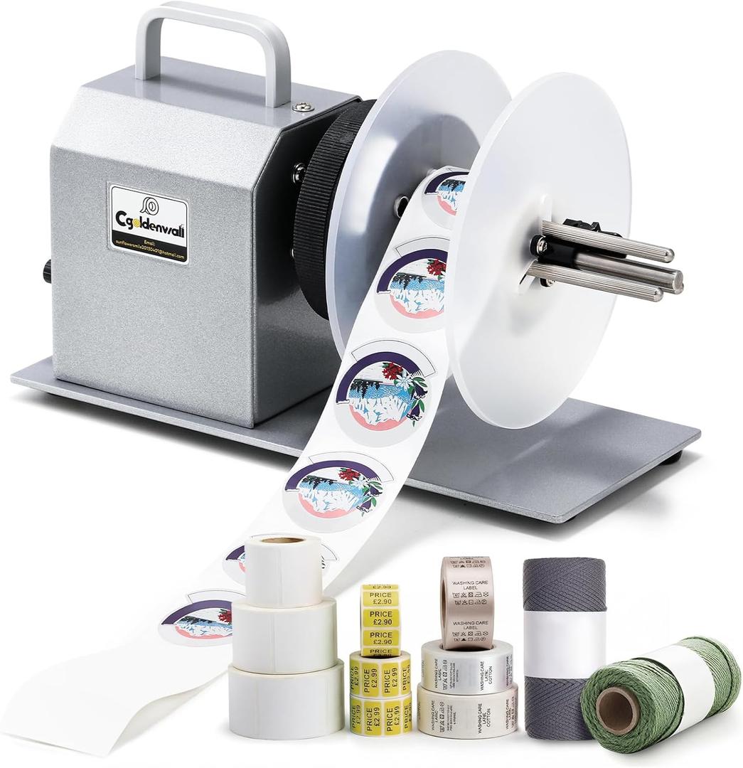 CGOLDENWALL Compact Quiet Automatic Label Rewinder, 1-12"/s Bidirectional Rewind, Coreless/1-1.5" Core Quick Adjust, Max. Label Dia. 5.5" Width 4.3", Auto Sync with Printer, Space-Saving