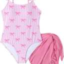 GORGLITTER Girl's Cute Bow Swimsuit Striped Ruffle One Piece Kids Bathing Suit with Beach Cover Up Skirt