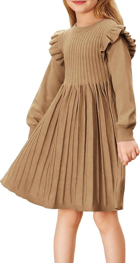 Danna Belle Girls Sweater Dress Lantern Sleeve Ruffled Fall Winter Dresses 5-12Y (Beige)
