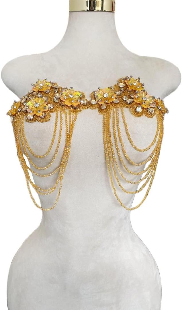 Handmade 3D Three-Dimensional Flower Rhinestones Applique Sewing Crystal Fringe Beads Sequins Patches Accessory for Wedding Dresses DIY Decorative 6X10inches 2PCS/Bag (Gold)