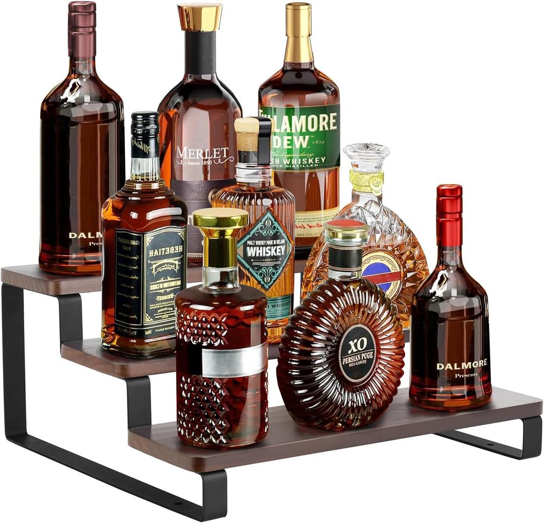 Mkono Small Liquor Bottle Display Shelf 3 Tier Coffee Bar Accessories Rustic Syrup Stand Wine Racks Countertop for Whiskey Tabletop Kitchen,13 Inch
