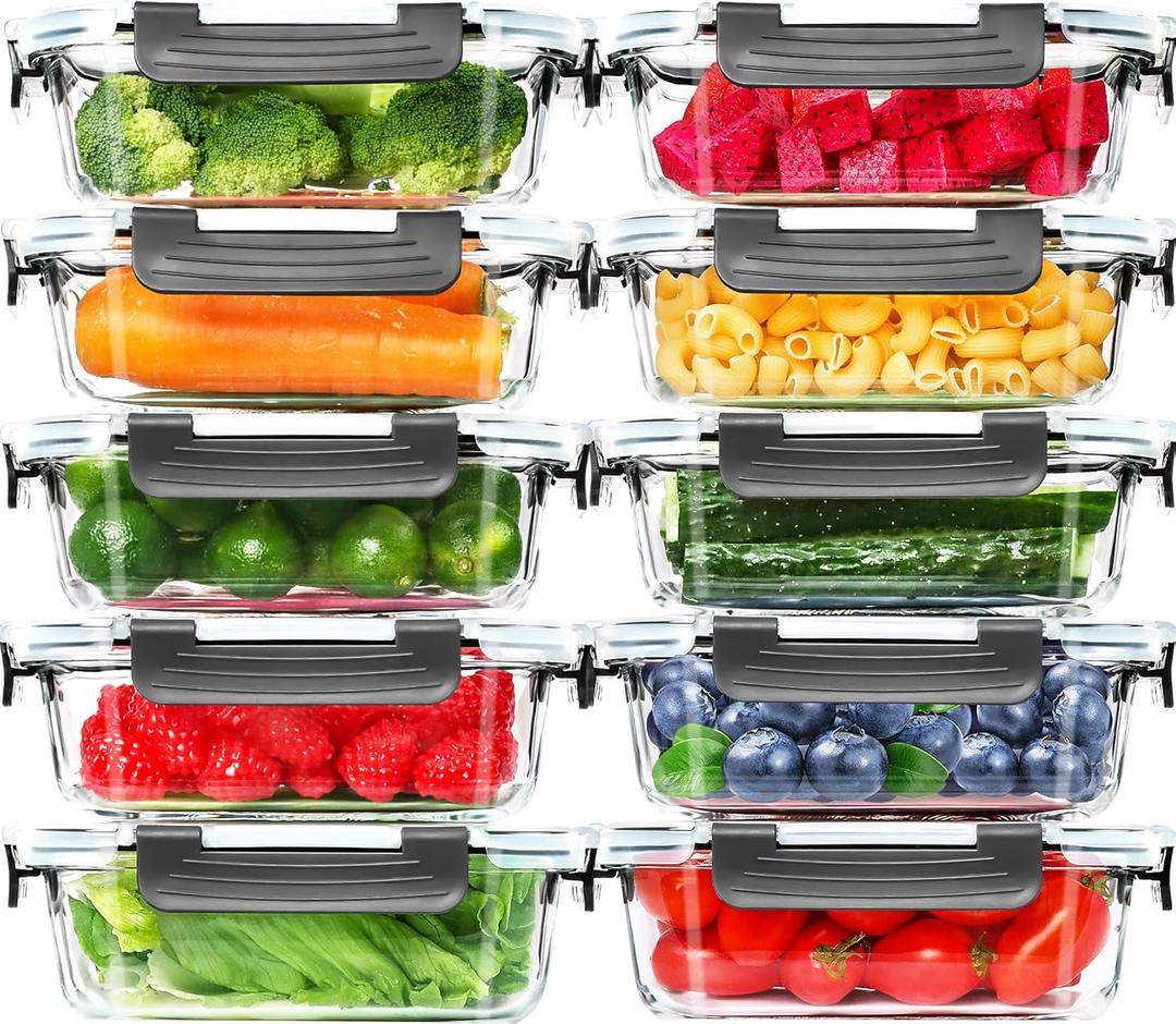 Skroam 10 Pack Glass Meal Prep Containers, 22 OZ Glass Airtight Food Storage Containers with Lids, Pantry Kitchen Storage Containers for Lunch, Food Storage, Meal Prep, Lunch Bento Boxes (Grey)