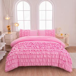 MWMWMW 5 Pcs Pink Comforter Set Queen, Girls Bed in a Bag, Girls Queen Bedding Set, Pink Ruffle Bedding Set for Grils Kids with 1 Fitted Sheets, 1 Flat Sheet, 1 Comforter, 2 Pillowcases