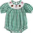 Newborn Baby Girl Smocked Thanksgiving Outfit Infant Plaid Bubble Romper Embroidery Turkey Fall Clothes (6-12 Months, Green Santa)