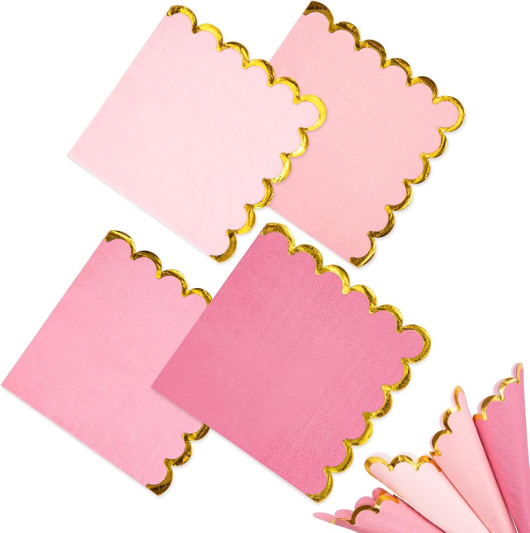 100 Pack Disposable Cocktail Napkins, 5 x 5 Inches, 2-Ply, Scalloped Edge, for Dinner Wedding Birthday Party Bridal Anniversary Reception Event (100, Gold Pink)