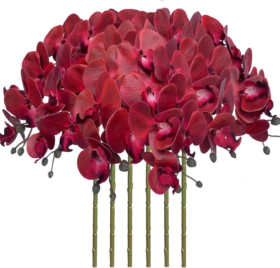 FagusHome 32 Inch Artificial Phalaenopsis Flowers 6 Pcs Artificial Orchid Flowers Stem Plants for Home Dcor (Red)