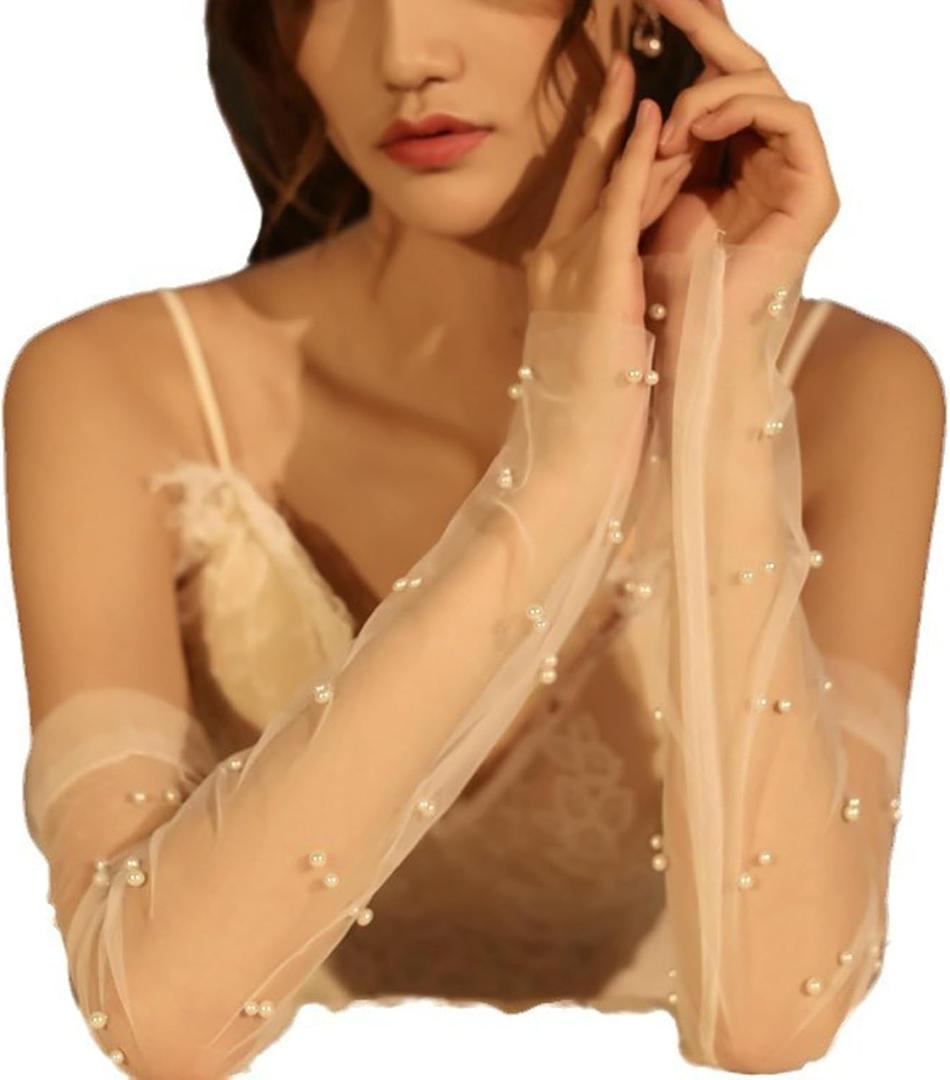 Women Long Fingerless Sheer Wedding Gloves Pearl Tulle Elbow Length Arm Sleeves for Bridal Princess Dress (White)